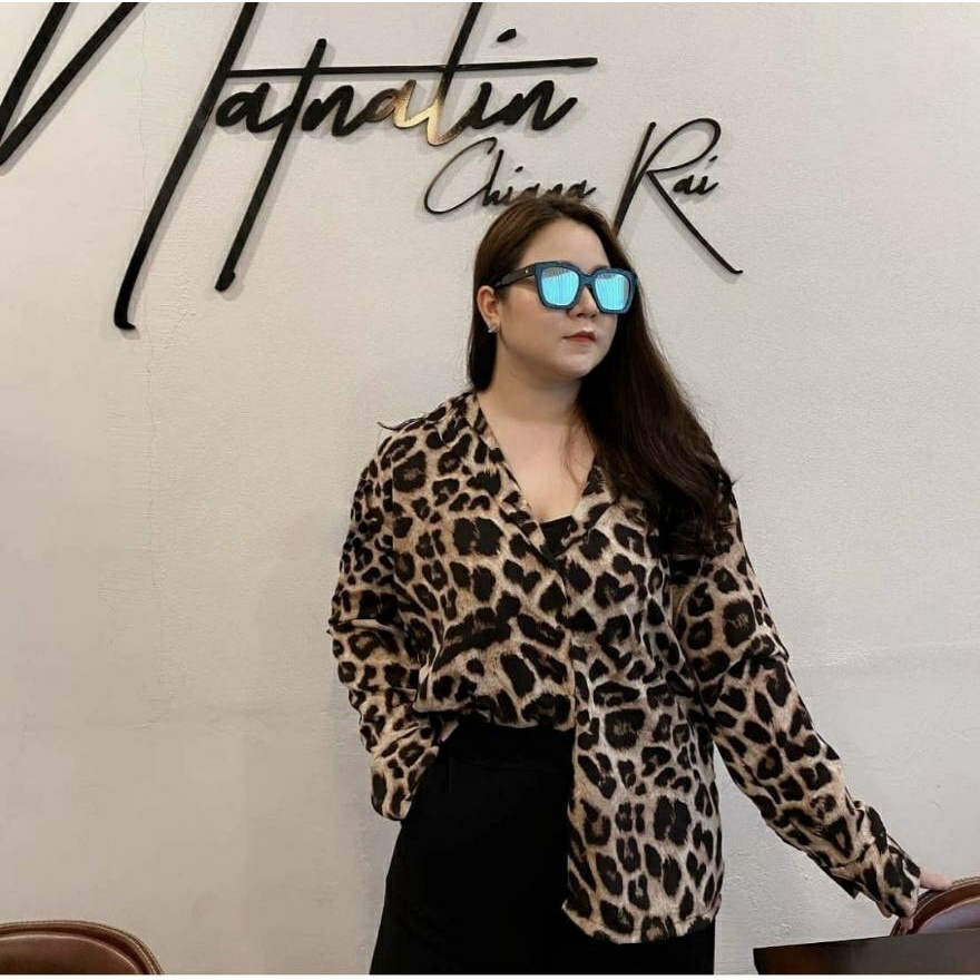 EM04 Kemeja Lengan Panjang Oversize XXL Leopard Loreng / HD / Kemeja Jumbo / Baju Atasan Wanita Big 