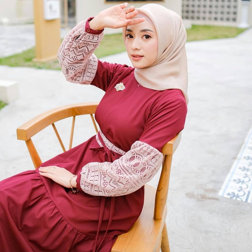 Nadira Gamis Wanita Turkey Shakila Premium Dress Lengan Panjang Brukat Malika Abaya Muslim Rempel Kombinasi Obi Baju Muslim Kekinian