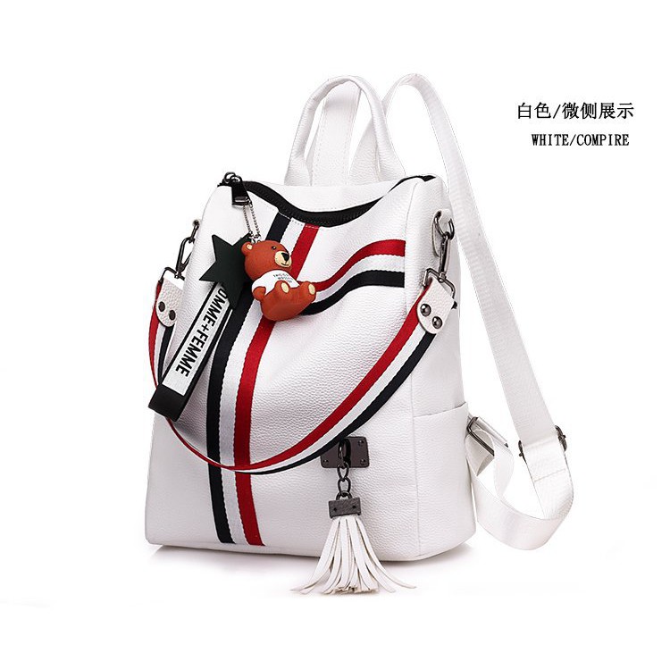 TAS RANSEL BACKPACK GEMBLOK PUNGGUNG CEWEK WANITA KULIT JALAN TRAVEL MEWAH BATAM IMPORT LIS PUTIH JT