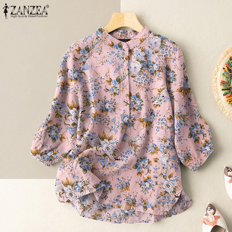 ZANZEA Women Street Fashion Floral Printing Casual Loose Half Sleeve O-Neck Blouse