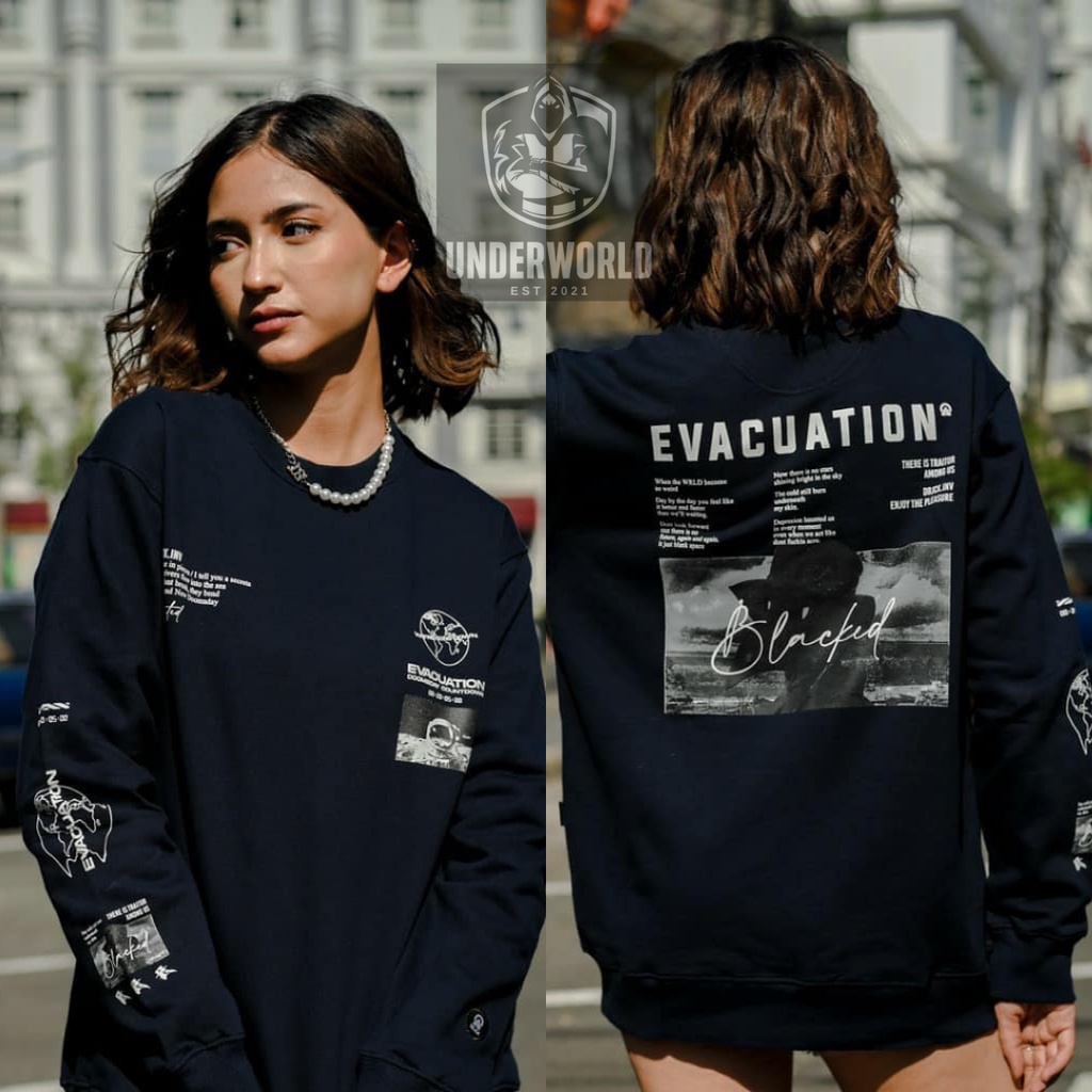 Sweater Crewneck Dobujack Sweater Evacuation Black Tees Premium Crewneck Black Motif Terlaris