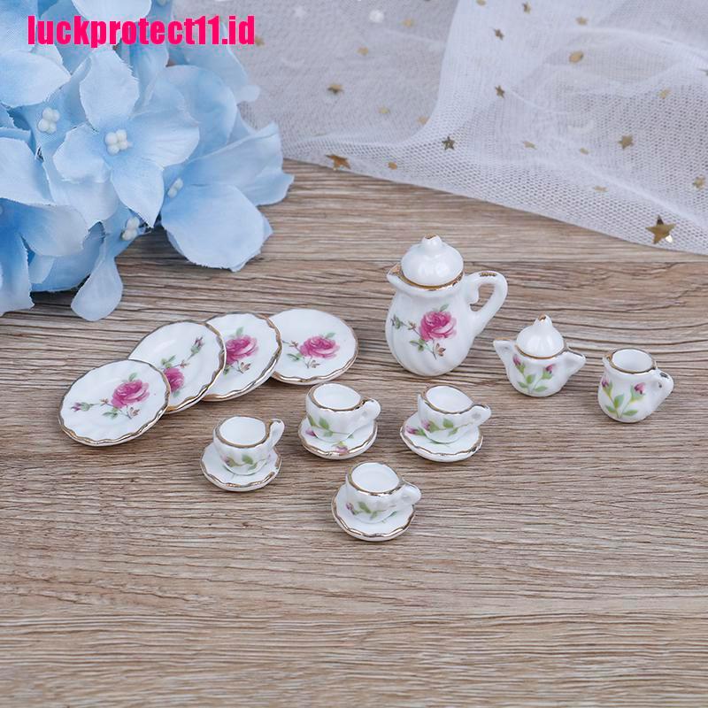 Lucktoy 15pcs / Set Miniatur Cangkir Teh / Kopi Bahan Keramik Porselen Skala 1: 12 Untuk Rumah Boneka