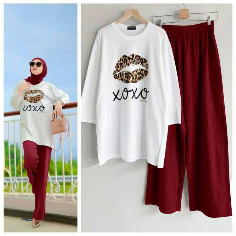 SETELAN KULOT BABYTERRY XOXO SIZE L XL XXL / SETELAN BAJU MUSLIM WANITA TERBARU / ONE SET TUNIK + CELANA PANJANG