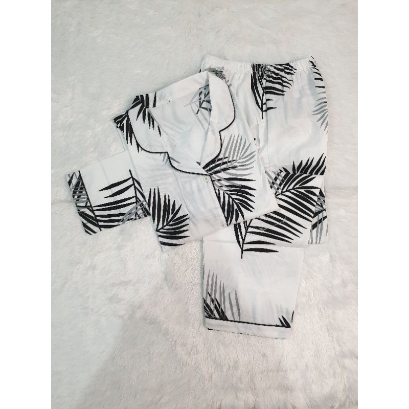 Baju Tidur Wanita/Piyama Wanita Dewasa Katun Motif Daun Part 3-PP BIG COCO WHITE