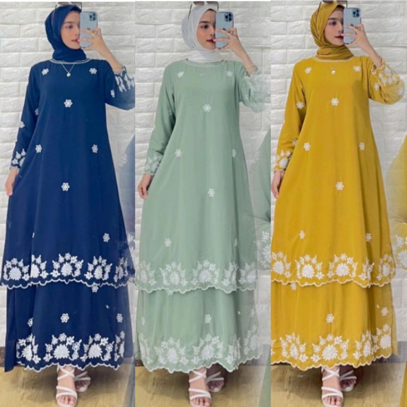 GAMIS MELAYU BORDIR BUNGA TABUR DUA TINGKAT | Gamis Malaysia Ceruty Babydoll Full Puring