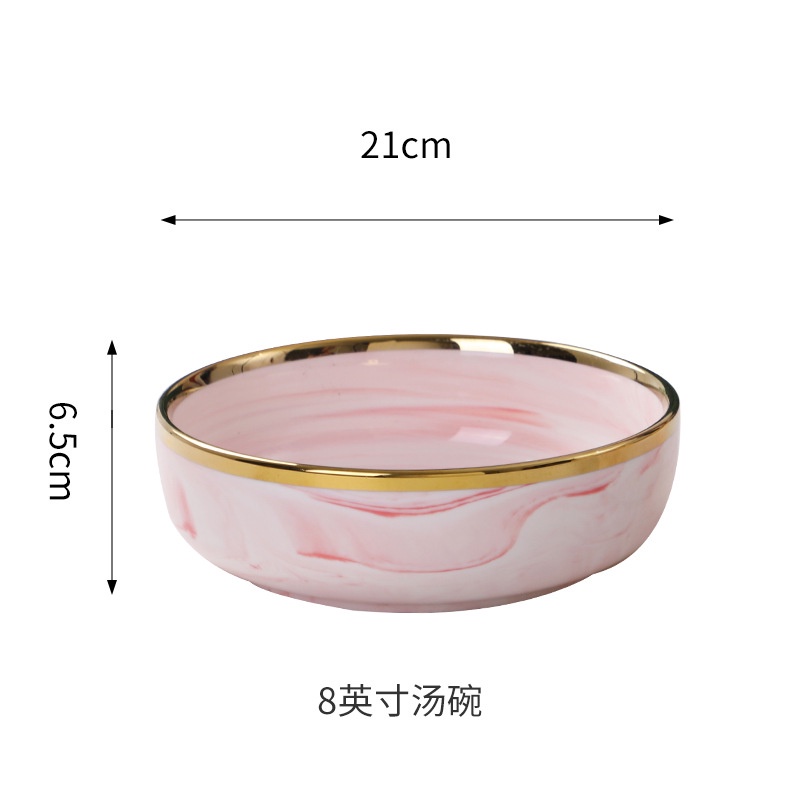 PIRING PINK MARBLE KERAMIK LIST EMAS ELEGAN/ PIRING KERAMIK PINK MOTIF MARMER LIST GOLD ELEGAN MEWAH-8 INCH BOWL