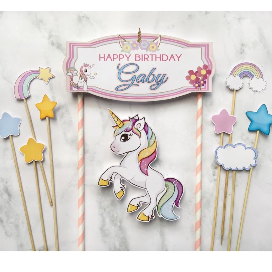 Topper Unicorn dengan papan nama utk hiasan cake