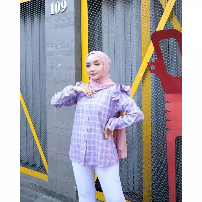 Kemeja rampel, Pengiriman H+1 , blouse rempel, blouse Tartan, blouse kotak, blouse lilac