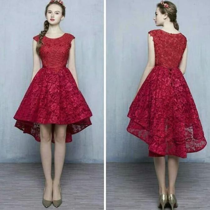 promo dress pesta natal merah / gaun pesta remaja brukat terbaru