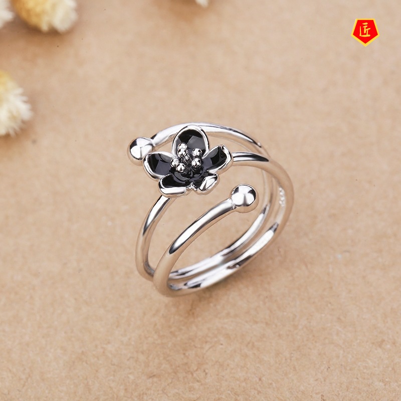 [Ready Stock]Original S925 Silver Black Flower Ring Creative Simple