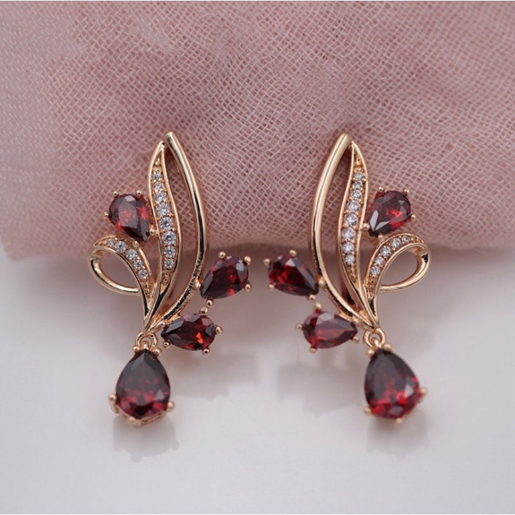 2022 Anting Tusuk Rose Gold Wanita Desain Tetesan Air Hias Zircon Merah Natural Untuk Pernikahan