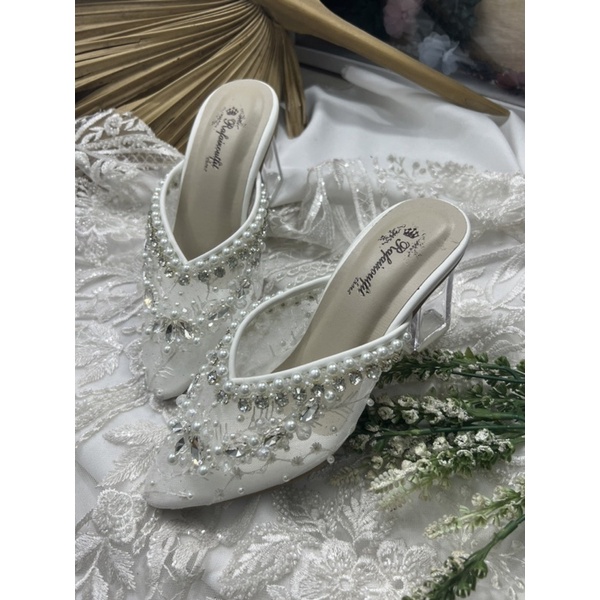 sepatu wanita wedding amirra putih 7cm kaca