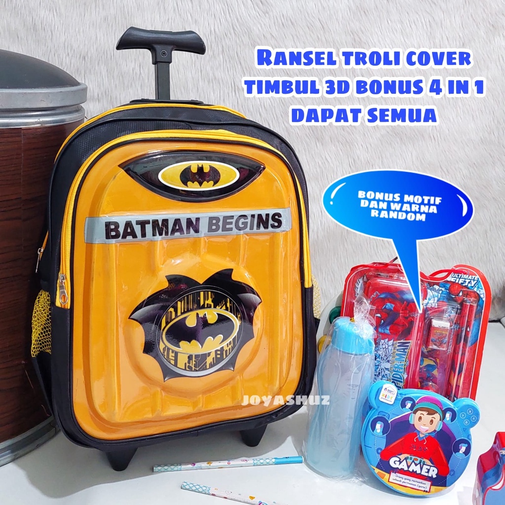 Tas Troli Anak Laki Laki Karakter Batman Gratis Bonus - Ransel Anak Laki-laki - Ransel Troli Anak SD - Troli Batman - Tas Gratis Botol -  Tas Sekolah Anak Troli - Batman - Tas Dorong Batman - Joyashuz