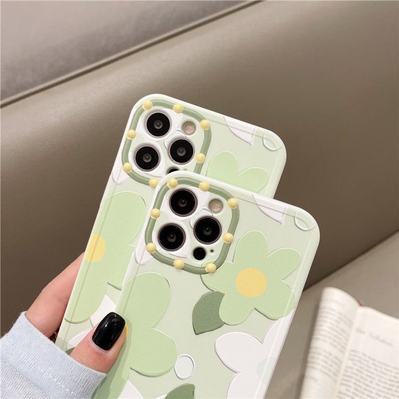 Case Silikon Motif Tiga Bunga Hijau 3d Untuk IPhone 11 12 13 Pro Max X Xs Xr XsMax 7 8 Plus