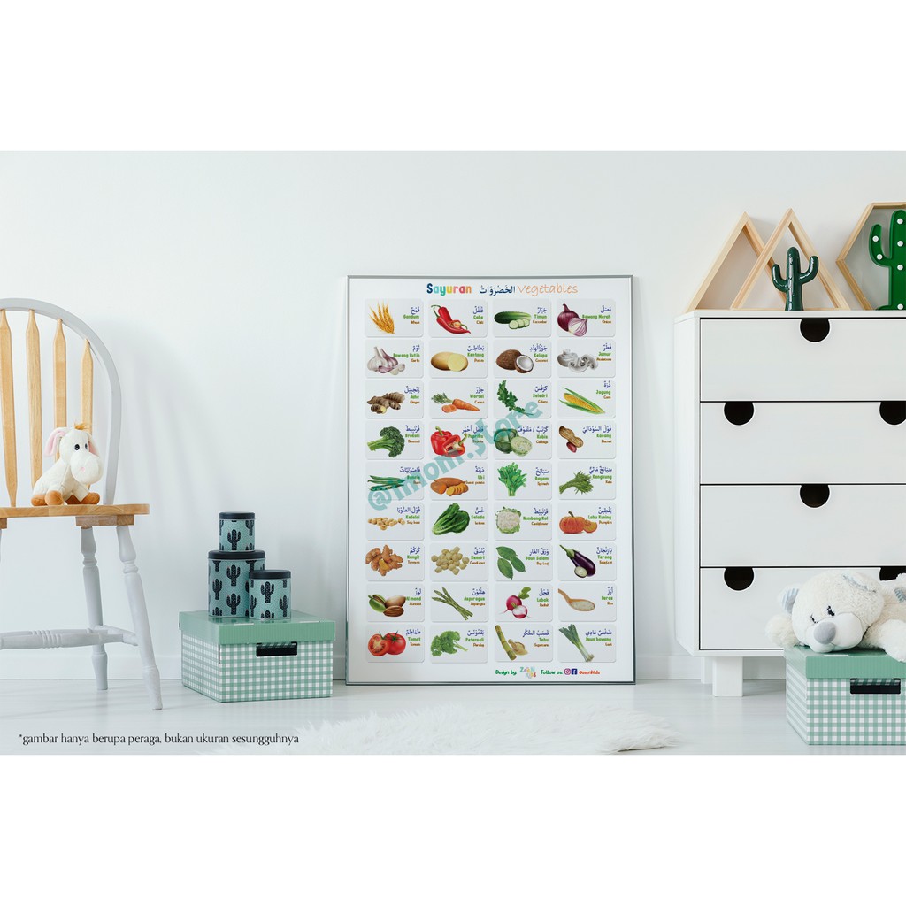 Poster Sayur-Sayuran (Bahasa Inggris, Arab, Indonesia)- Poster Edukasi Anak PAUD TK SD, Hampers Kado