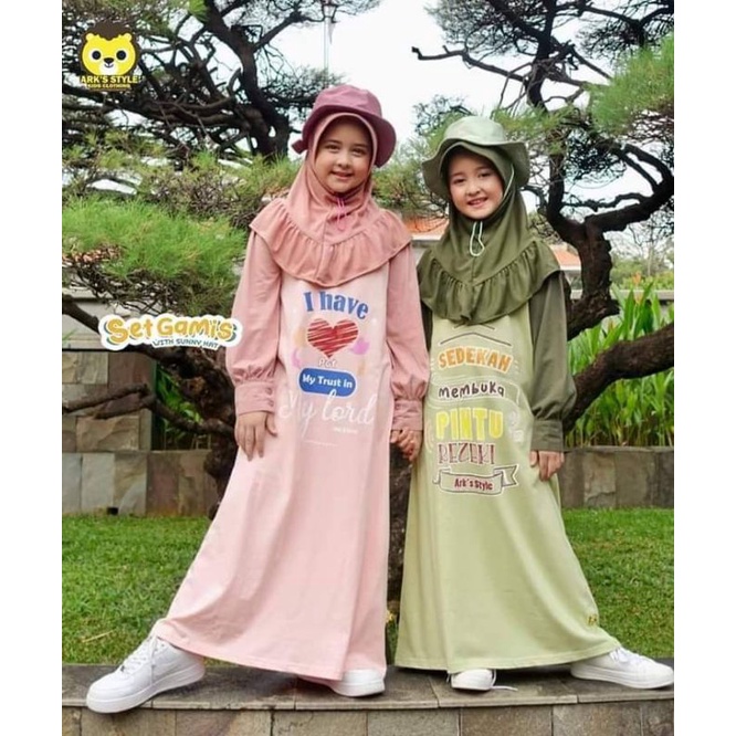 [READY] Set Gamis with Sunny Hat by ark's Style, Size 4-12T,  Gamis + Kerudung + Topi, Gamis anak