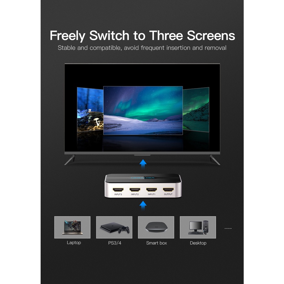 ( bisa cod) Vention HDMI Switcher 3 Input 1 Output 4K 3D Dolby Support 5V 1A AFF