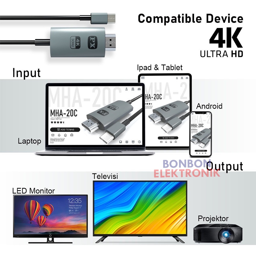 PX MHA-20C Kabel MHL USB Type C 3.1 to HDMI TV Converter 4K 2 Meter