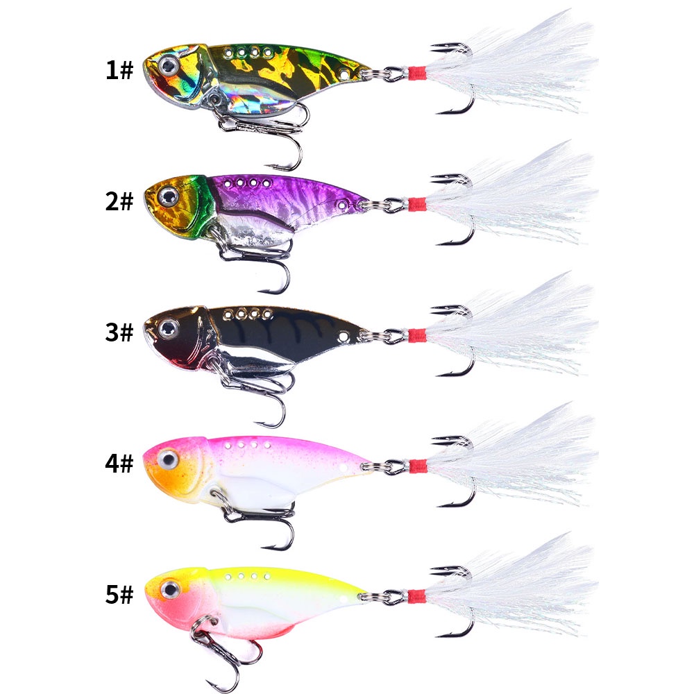 HENGJIA 5PCS/Lot Metal VIB Fishing Lures 5.5cm 11g Vibration Minow Fishing Lure Metal Hard Bait with 2 Treble Feather Hooks Fishing Tackle