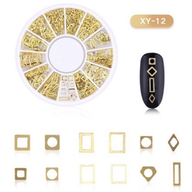 Hiasan Metal Bentuk Geometri Campur Aksen Hollow 3D Warna Gold untuk Dekorasi Nail Art 3D Kutek nail