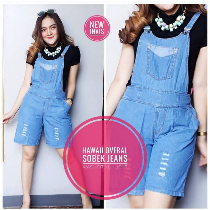 OVERALL CELANA BAJU KODOK WANITA JEANS DEWASA PENDEK SOBEK/OVERALL PENDEK SOBEK