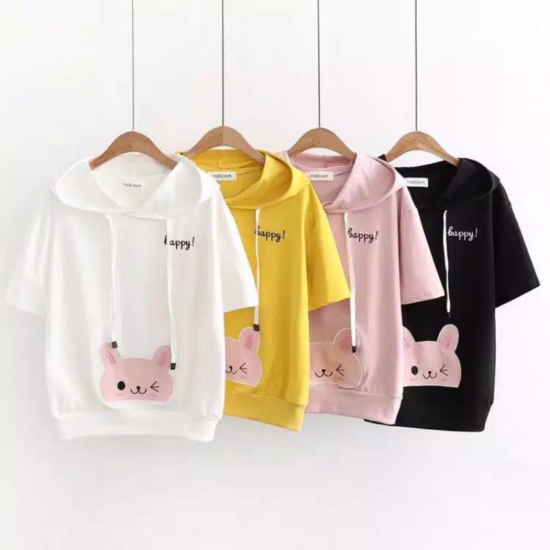 Sweater Hoodie Crop Lengan Pendek HAPPY CAT