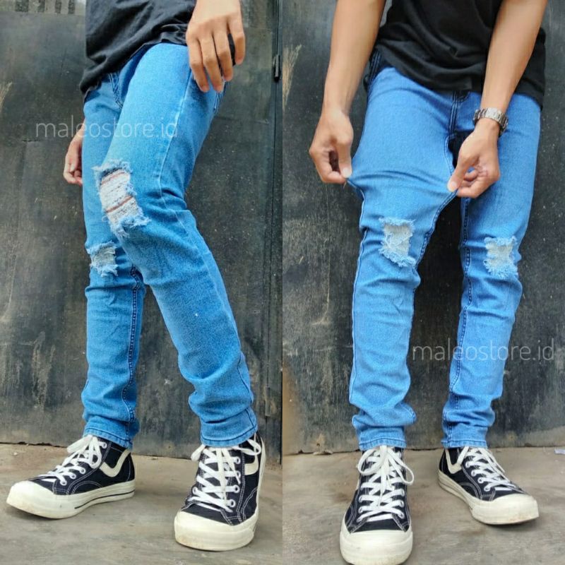 CELANA JEANS PRIA PANJANG SOBEK LUTUT RIPPED JEANS SOFTJEANS SLIMFIT HITAM ROBEK KOYAK RIPPER DESTROY PREMIUM MELAR MURAH REALPICT