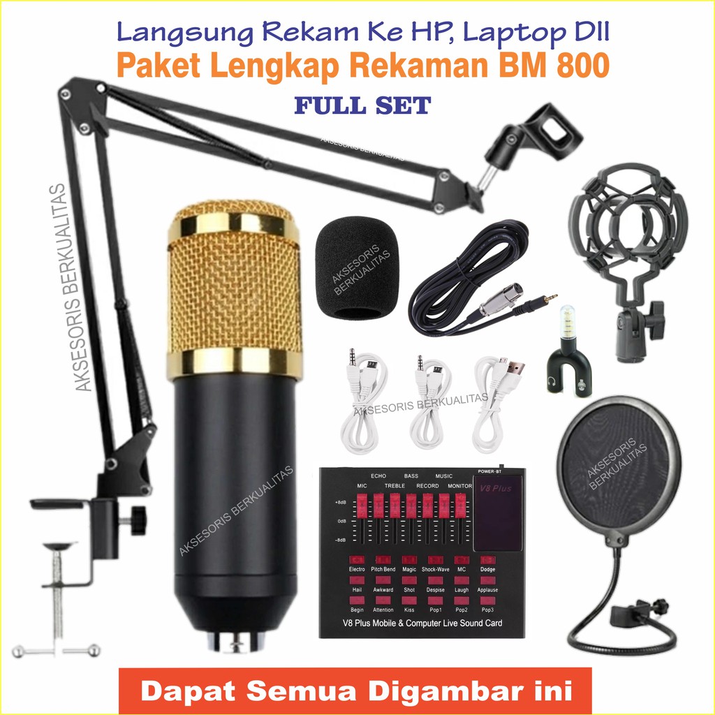 Paket Microphone Condensor BM 800 Super Full Set Soundcard V8Plus PopFilter