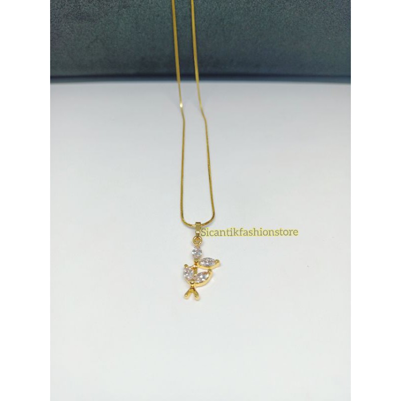 PROMO Kalung Titanium plus liontin permata motif Daun fashion wanita terlaris anti karat lapis emas