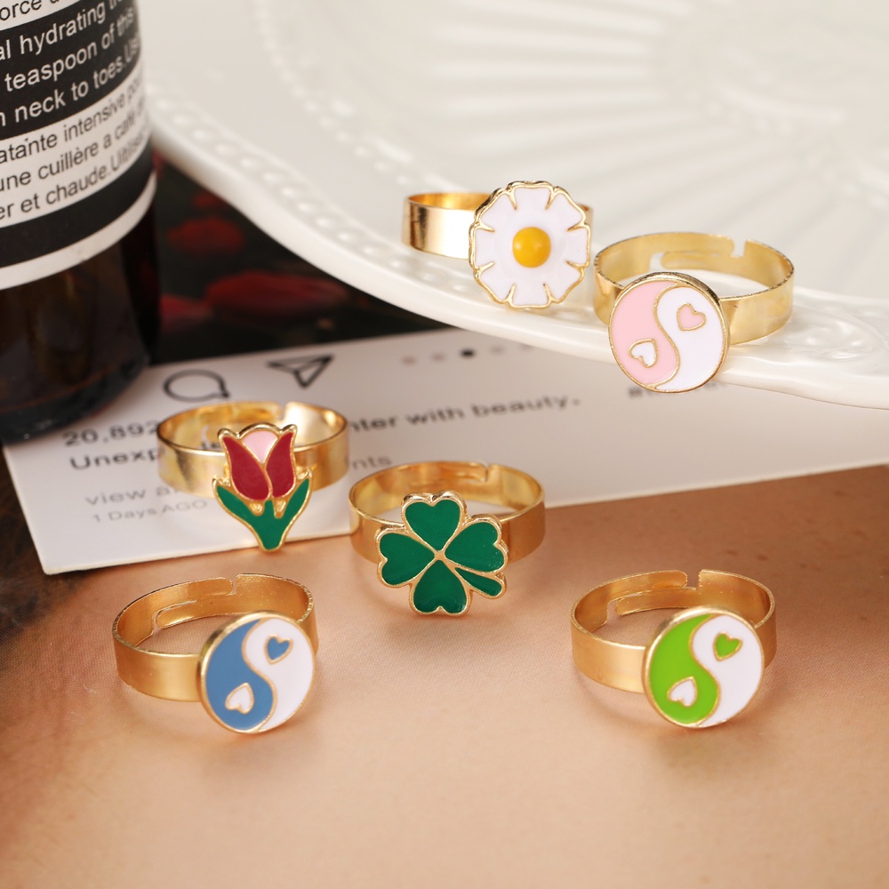 Personalized Colorful Yin Yang Gold Finger Ring Sweet Doublelayer Heart Gold Rings Women Jewelry Accessories