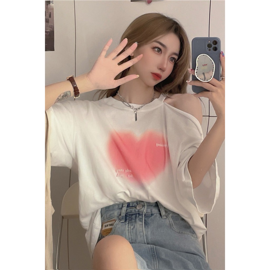 Nico##Cinta Lengan PendekTT-shirt Wanita Longgar Baru Gaya Barat Off-The-Shoulder Top