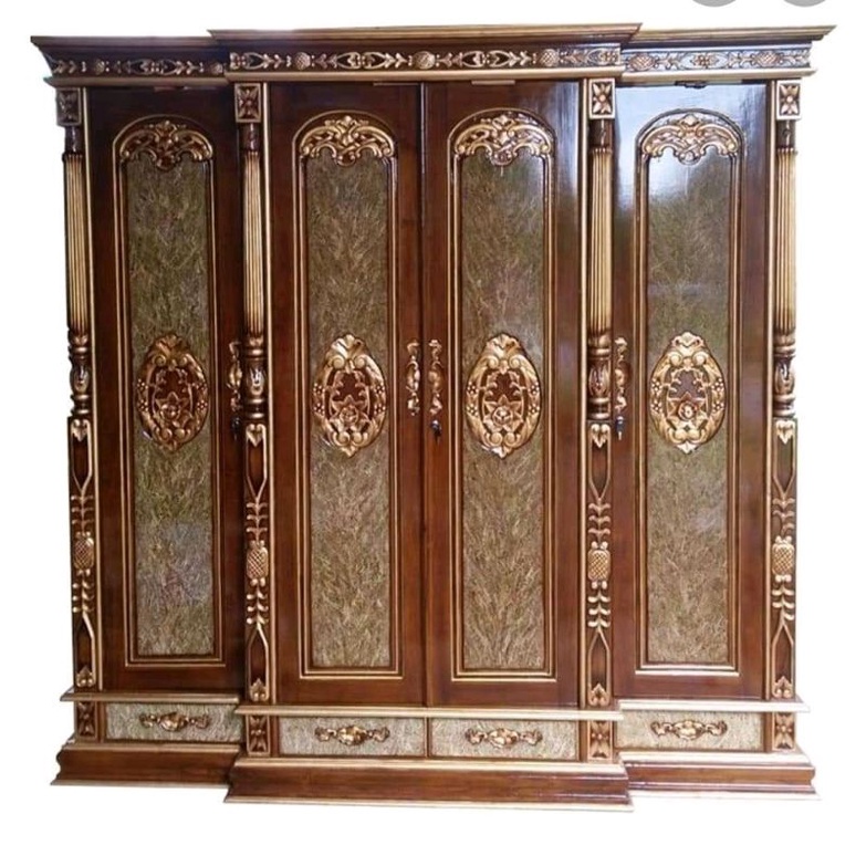 LEMARI PAKAIAN JATI 4 PINTU MEWAH WARNA KOMBINASI MARMER / LEMARI BAJU PINTU 4 UKIRAN JEPARA