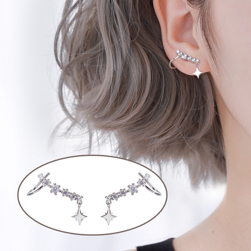 Anting Earrings Clip Simple Star Rhinestone Drop Earring Women Fashion Jewelry Gifts Sweet Heart Jewelry