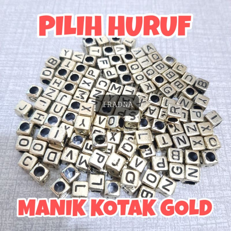 (Pilih Huruf) Manik Mute Mote Kotak Huruf Gold Bahan Craft DIY Aksesoris
