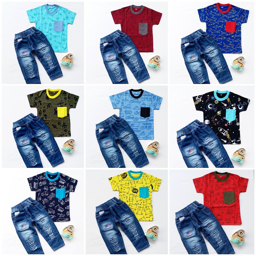 HappyOliver SET BRYAN FLAG EBV Setelan Kemeja Bayi Laki-laki Lengan Pendek celana jeans