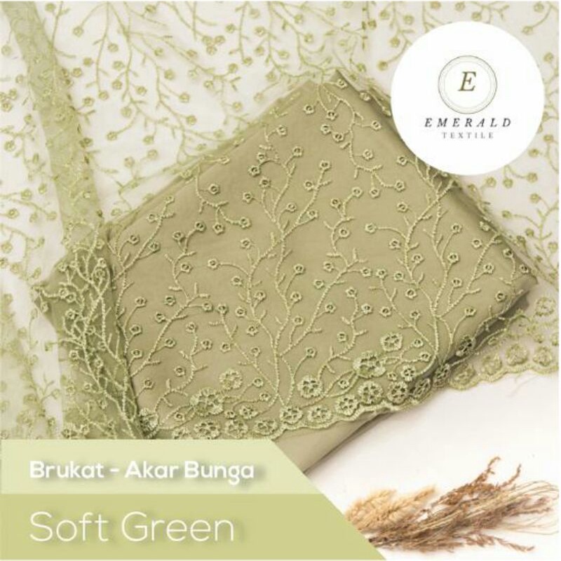 SETENGAH METER Kain Brokat Tile Prancis Bahan Kebaya Motif Akar Bunga - Soft Green/Avocado ( HARGA PER 50cm KAIN )