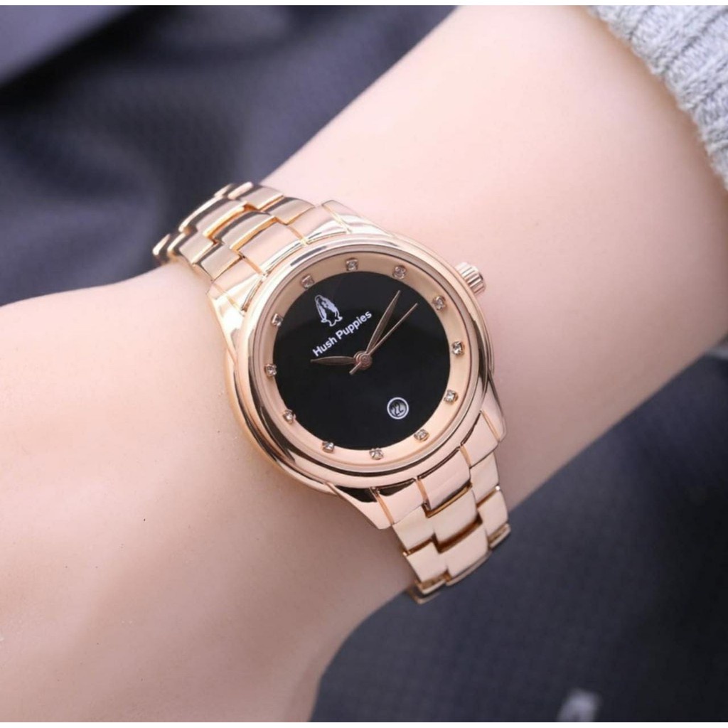 BEST SELLER JAM TANGAN WANITA HUSH PUPPIES RANTAI BODY BULAT TANGGAL AKTIF FREE BOX &amp; BATERAI