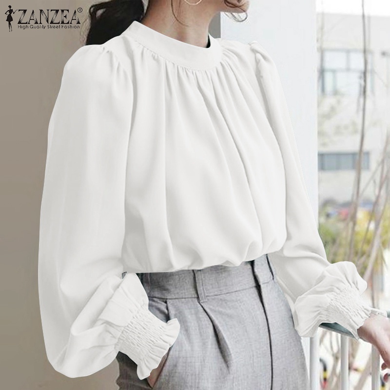 ZANZEA Women Fashion Casual Solid Color Puff Sleeve O Neck Smocking Retro Blouse