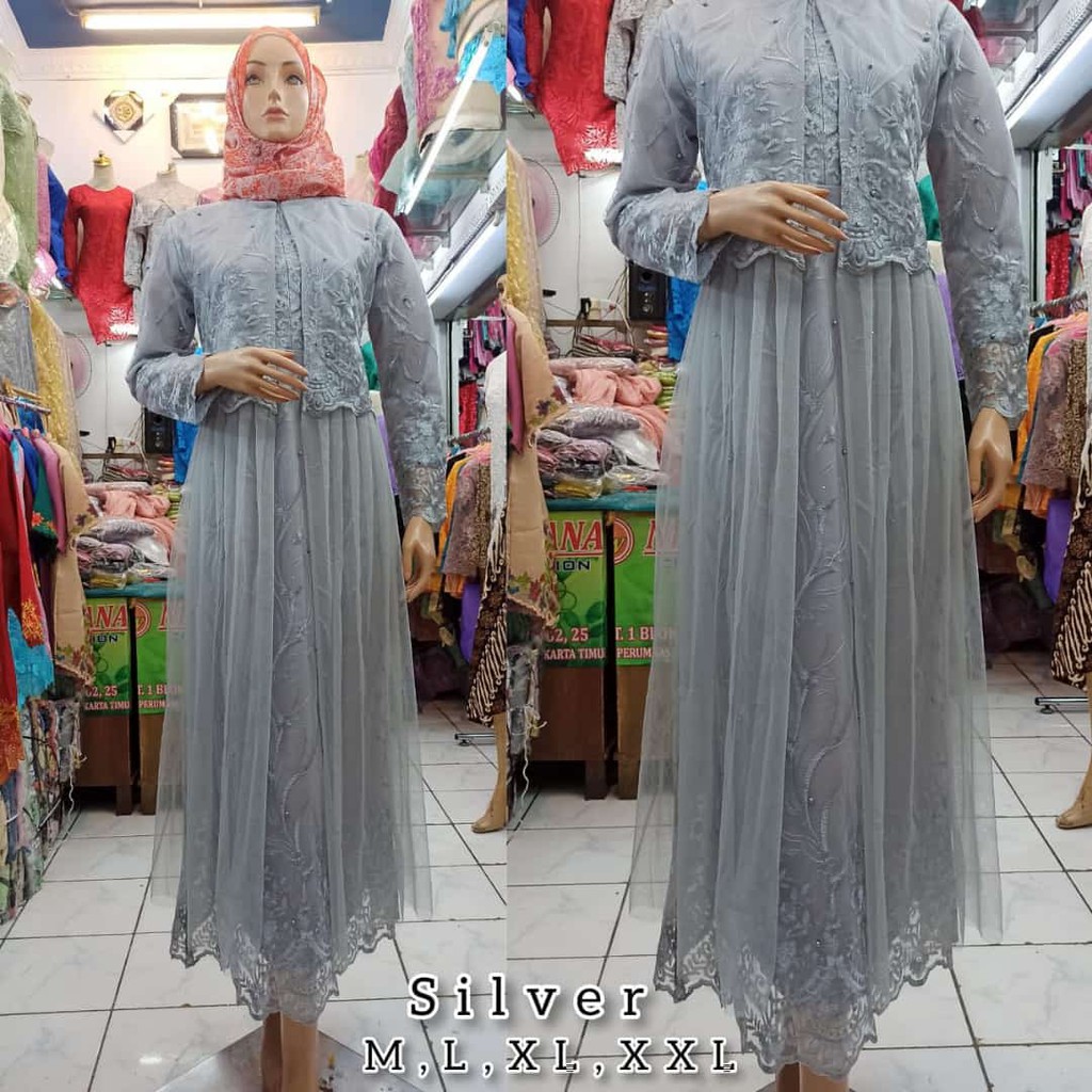 TERBARU LONG DRESS PESTA TULLE MUTIARA BORDIR / PROMO LONG DRES TULLE BORDIR TIMBUL / GAMIS PESTA