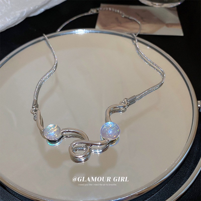 Kalung Rantai Dengan Liontin Batu Moonstone Bentuk Geometri Gaya Korea Untuk Wanita