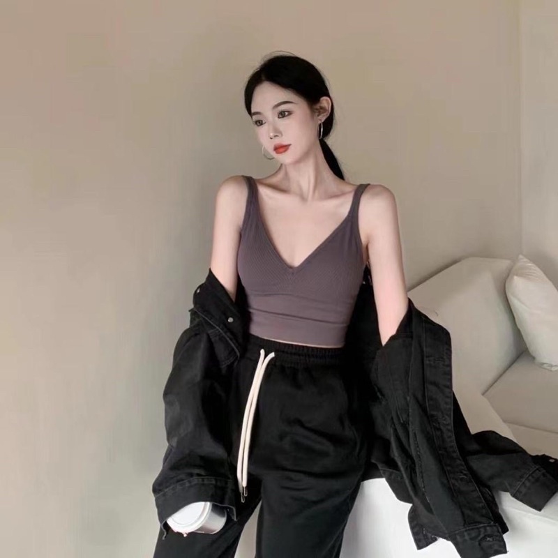 Tank top v neck + cup bra / tanktop basic push up bra import / tanktop korea