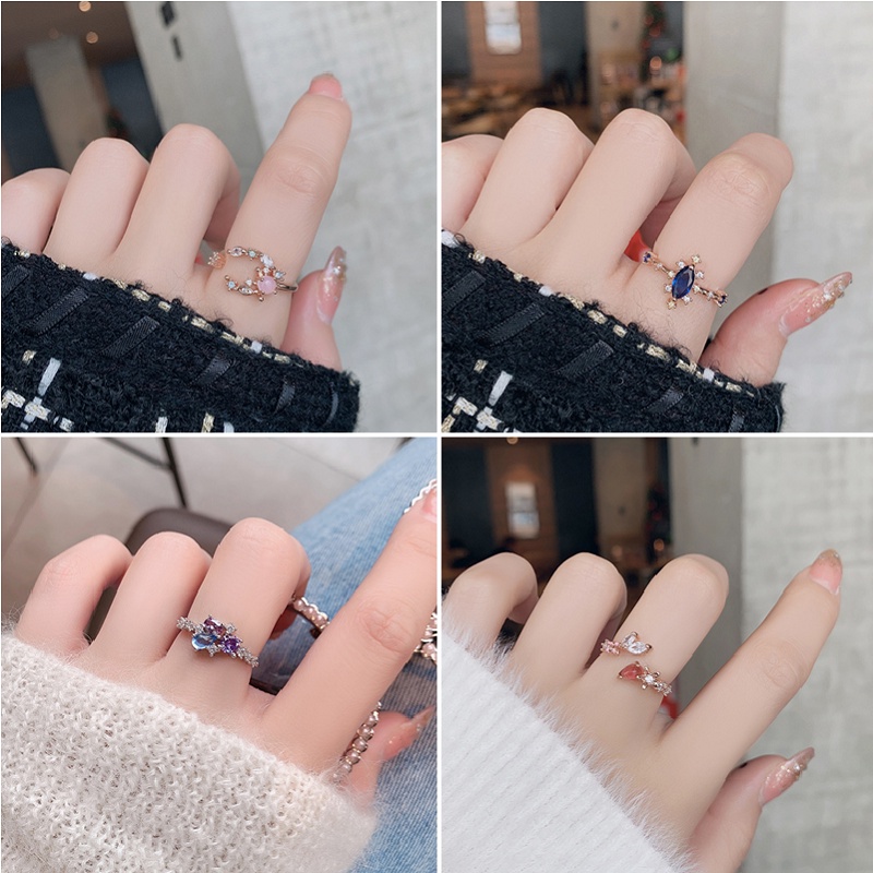 Cincin Model Terbuka Desain Bunga Aksen Kristal Zircon Gaya Korea Untuk Wanita