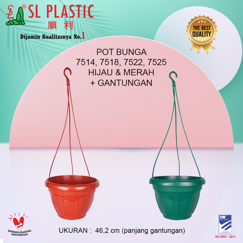 Pot Bunga / Pot Tanaman Warna Hijau Merah 7522 + Gantungan SL PLASTIC