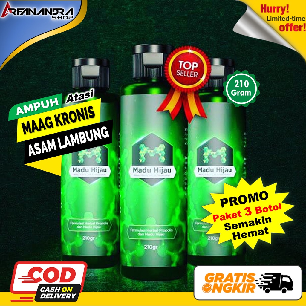 PAKET 3 BOTOL MADU HIJAU ASLI LOGO M ORIGINAL 210 GRAM OBAT LAMBUNG KRONIS KANKER LAMBUNG MAAG KRONI