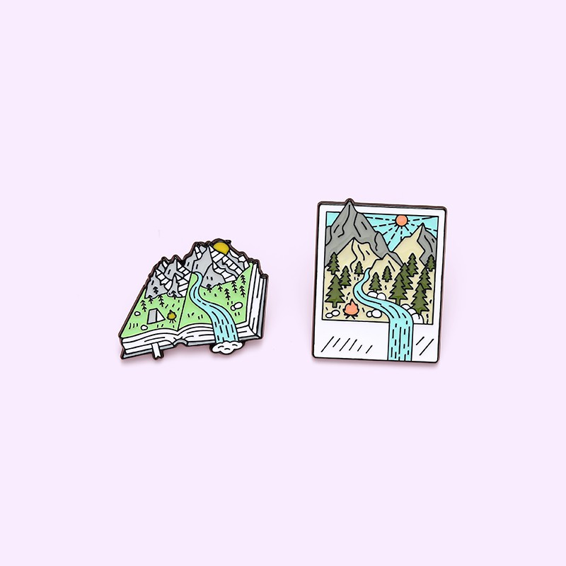 Bros Pin Desain Pemandangan Gunung Salju Hutan Matahari Alaska Untuk Aksesoris Travel