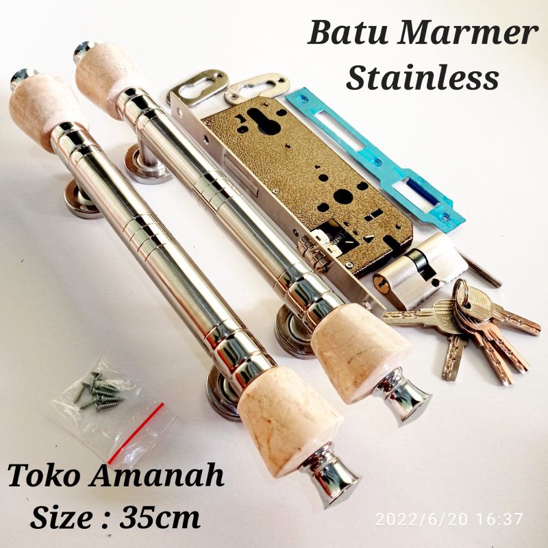 Sepaket Kunci/ Pegangan pintu rumah marmer / Handle Pintu Rumah 35cm stenlis marmer