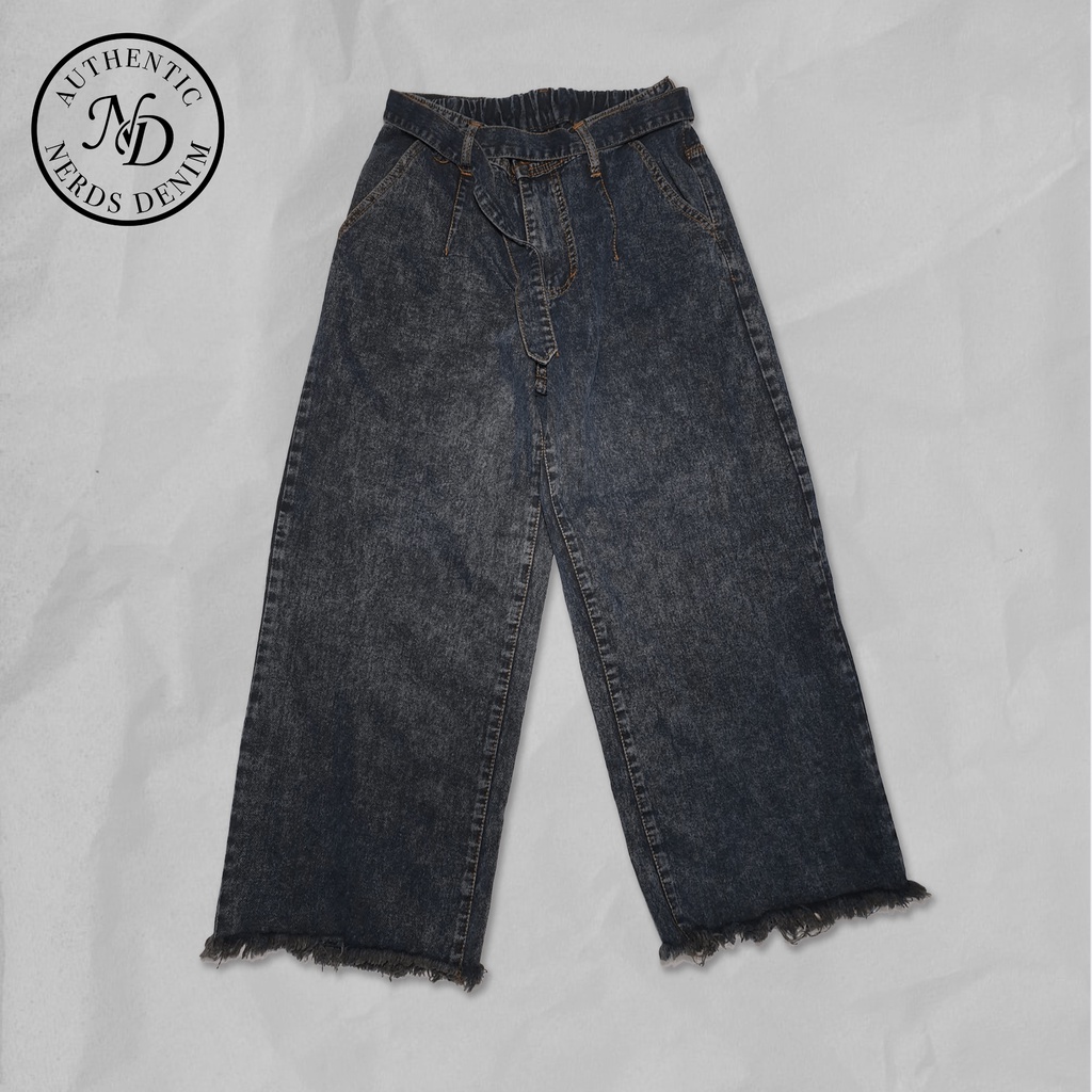 Celana Kulot Jeans Sabuk Wanita Warna Snow Hitam