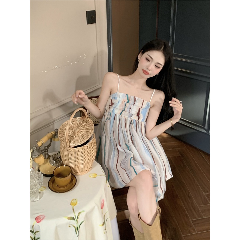 Suhao hot girl striped strap tube top dress wanita musim panas A-line longgar kembali tali satu bahu