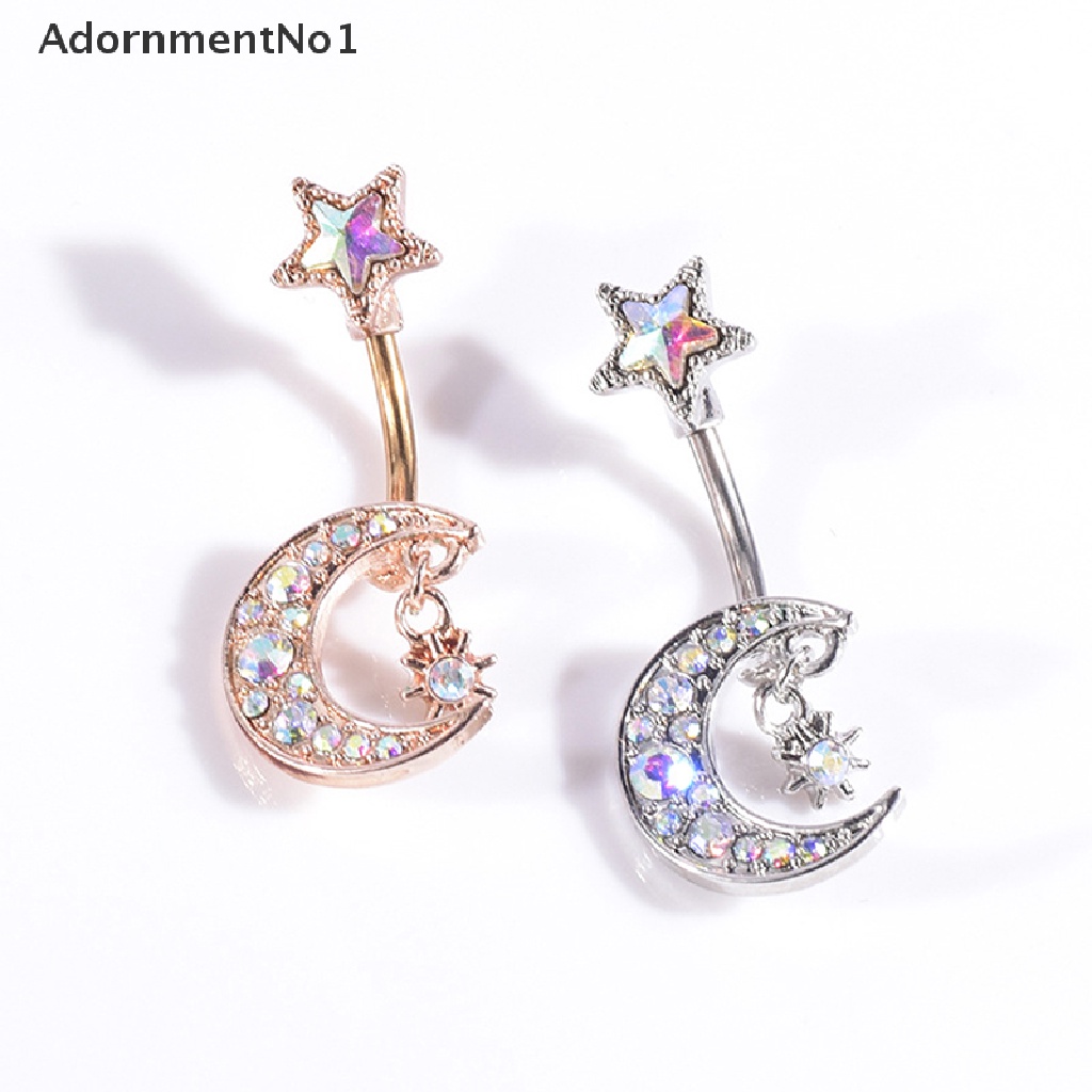 (AdornmentNo1) Anting Tindik Perut / Pusar Model Bulan + Bintang Aksen Kristal Untuk Perhiasan Wanita