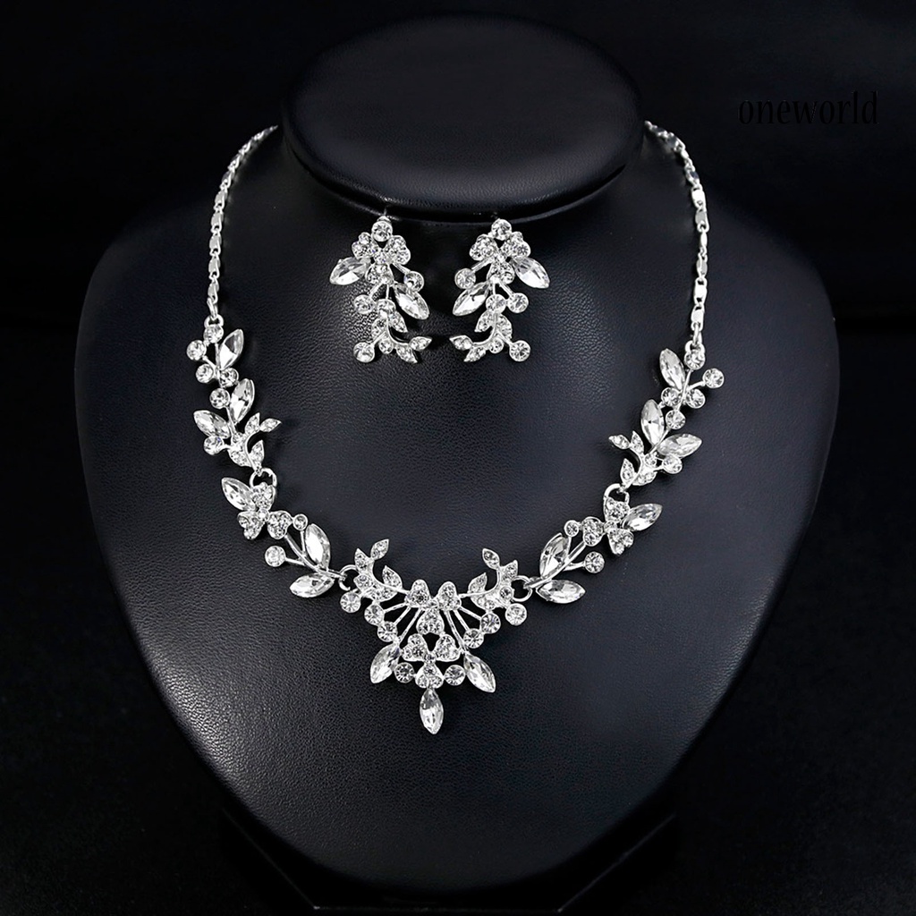 OW@ Women Wedding Party Rhinestone Shiny Floral Necklace Earrings Jewelry Set Gift